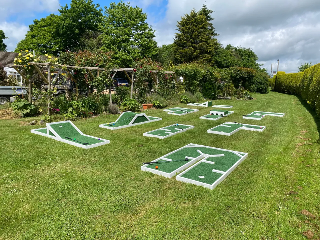 Nine-hole mini golf course laid out on the lawn